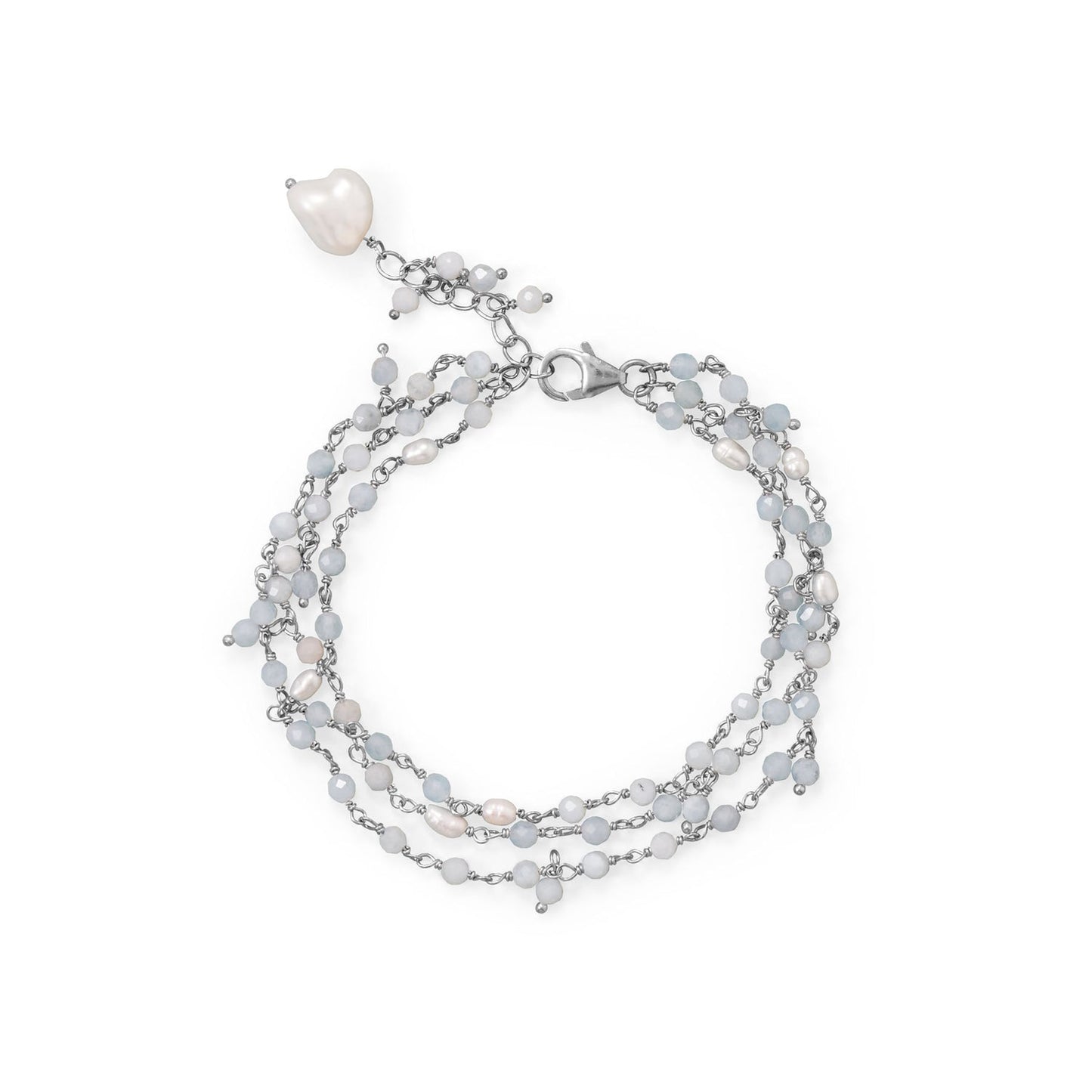 Multistrand Aquamarine & Pearl Silver Bracelet