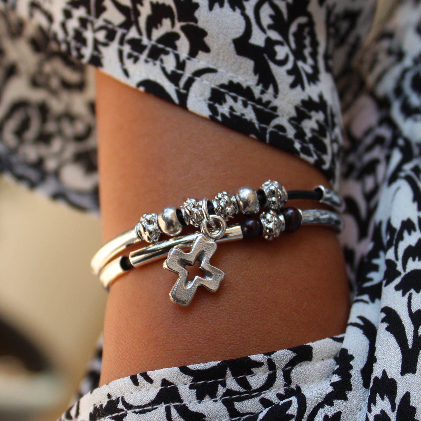Faith Double-Strand Leather Bracelet with Silver Cross | Handmade in the USA