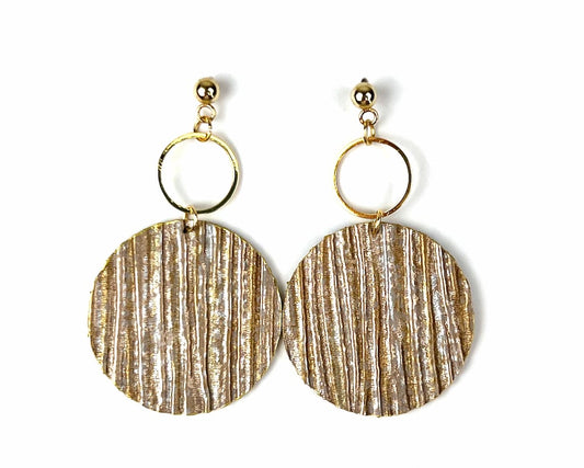 Shimmery Gold Textured Circle Earrings with Gold Circle Accents