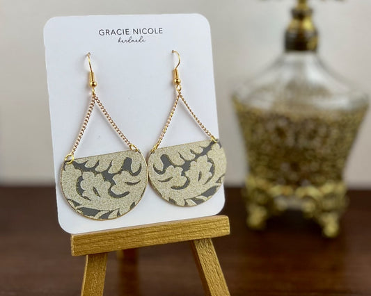 Gold and Grey Scroll Design Semicircles with Gold Chain