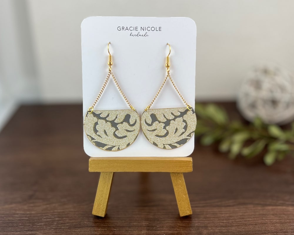 Gold and Grey Scroll Design Semicircles with Gold Chain