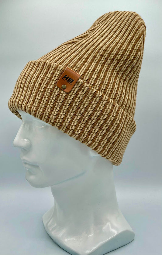 Cuffed Wide Ribbed Striped Beanie, Contrast, Brown and Beige, Traditional Beanie