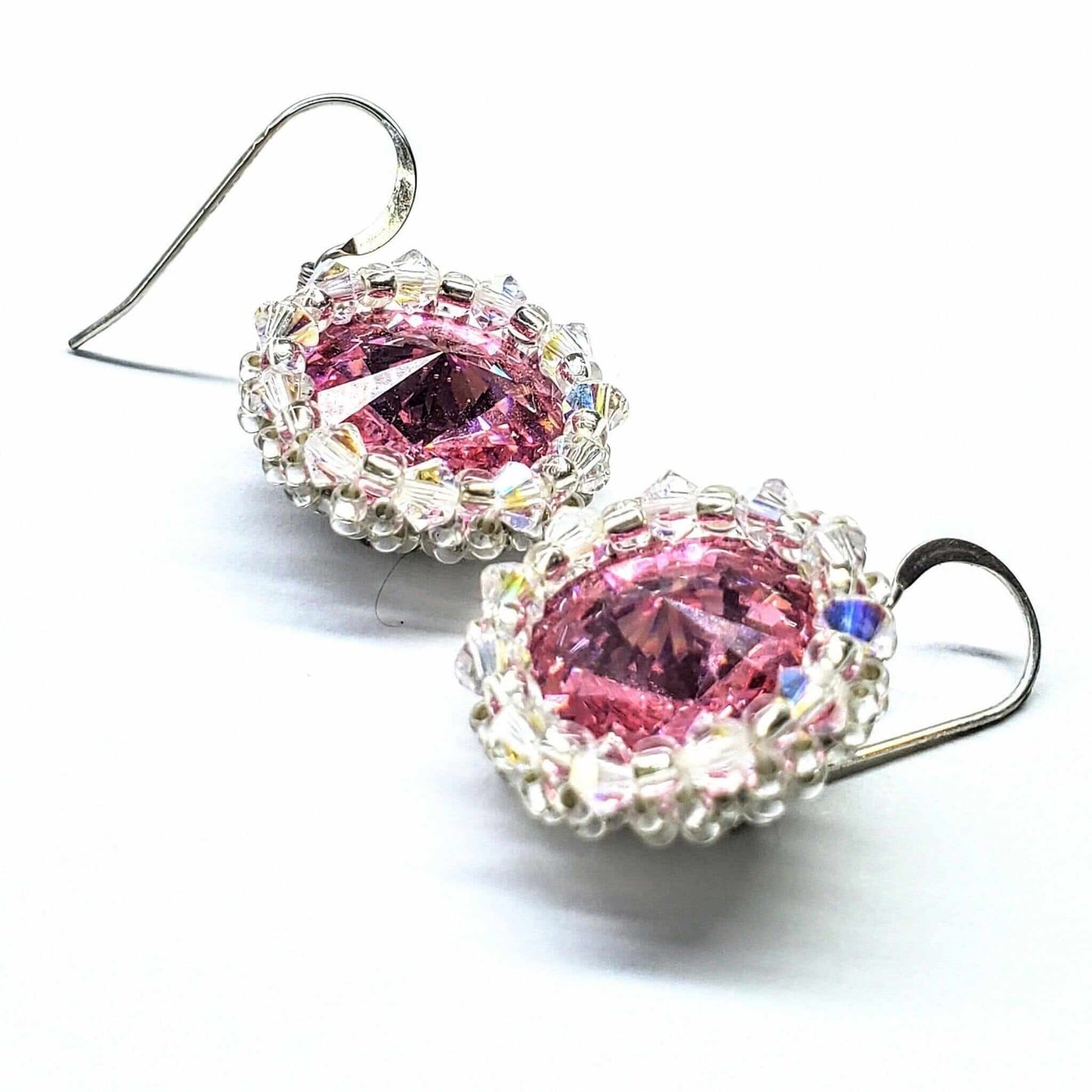 Handmade Beaded Bezel Pink Crystal Halo Earrings