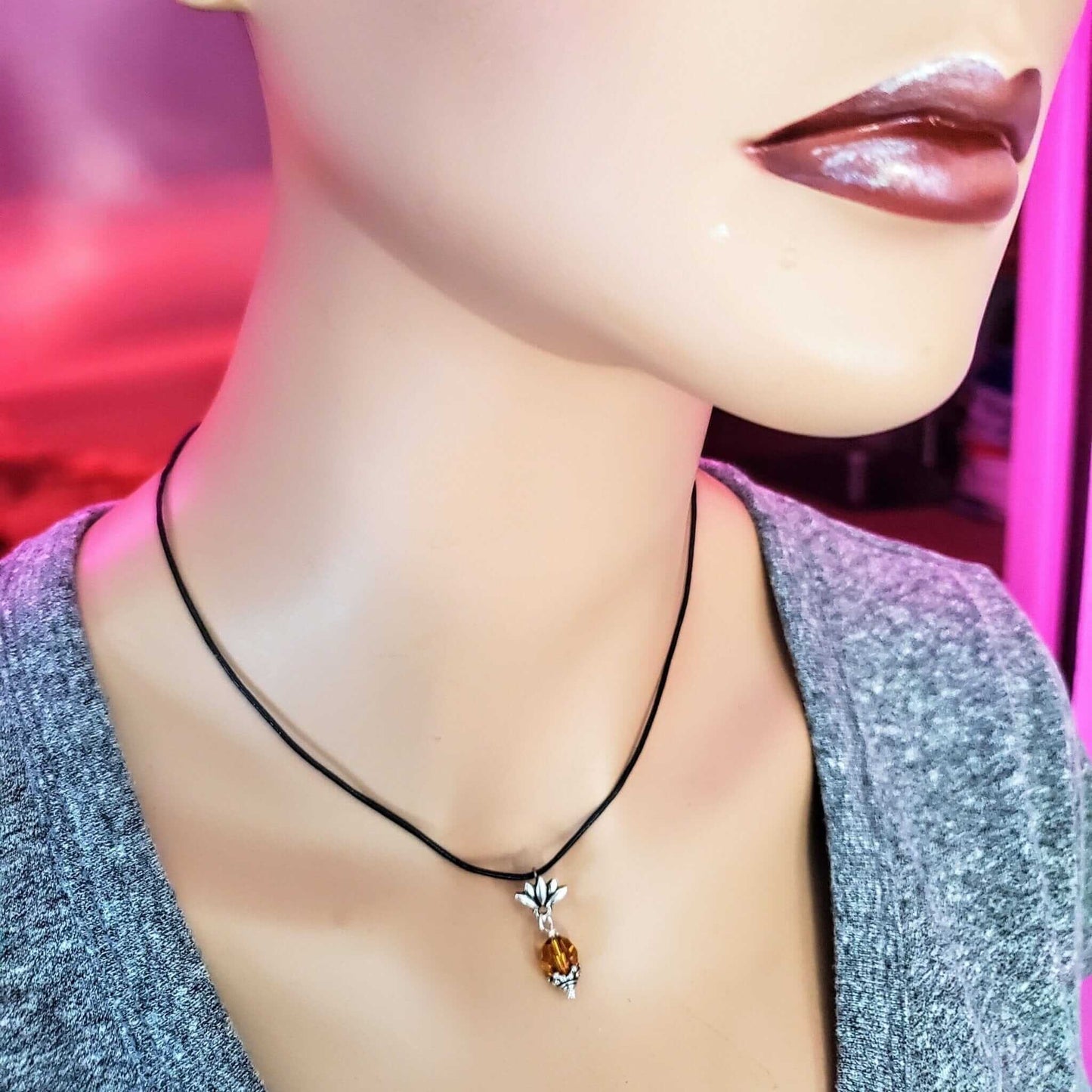 Handmade Silver Crystal Pineapple Leather Necklace