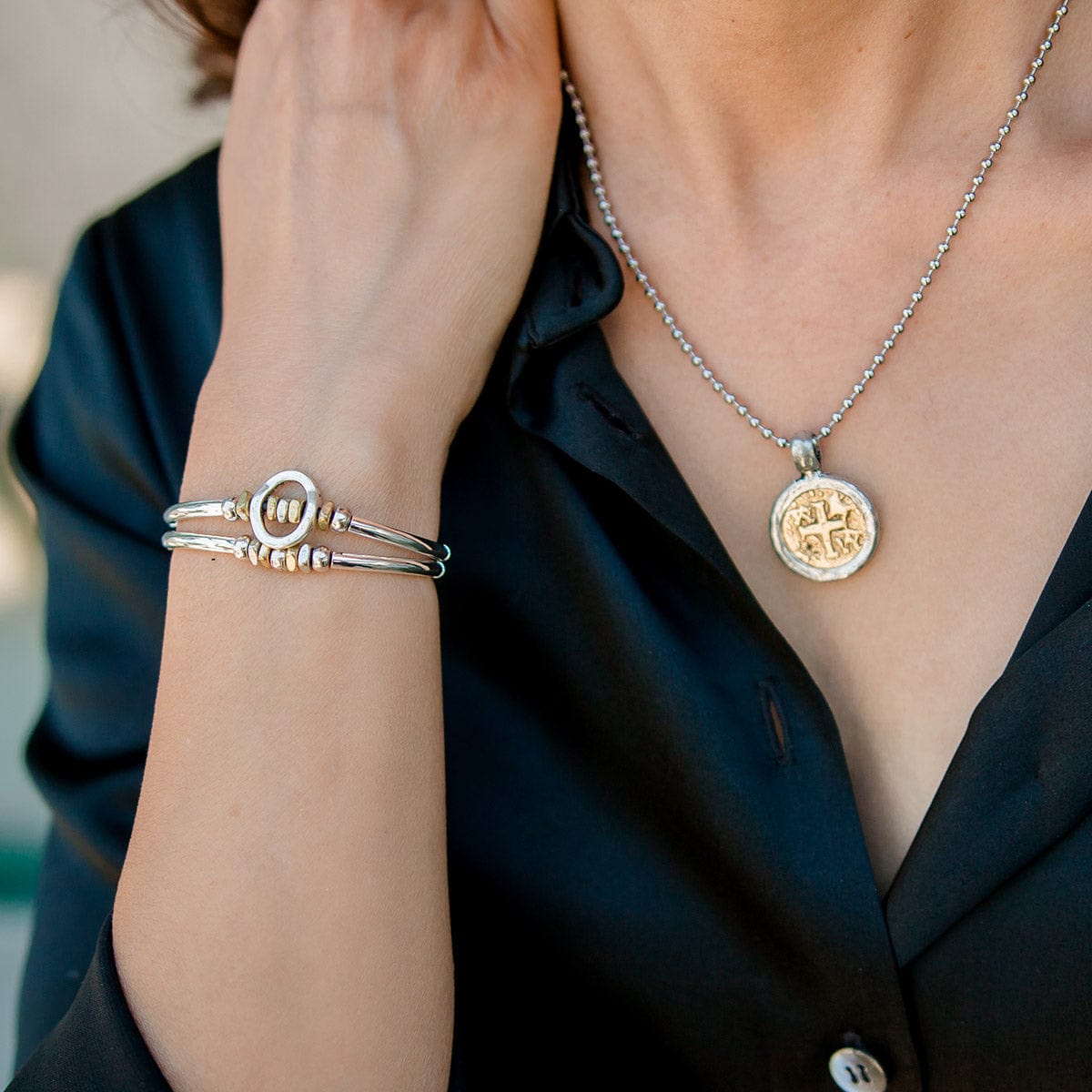 Optimism Two-Tone Adjustable Leather Bracelet | Silver & Gold Beads