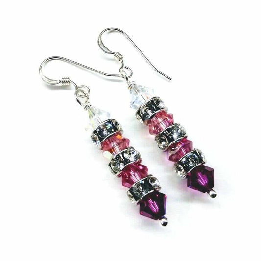 Hot Pink Ombre Stacked Crystal Sterling Silver Earrings