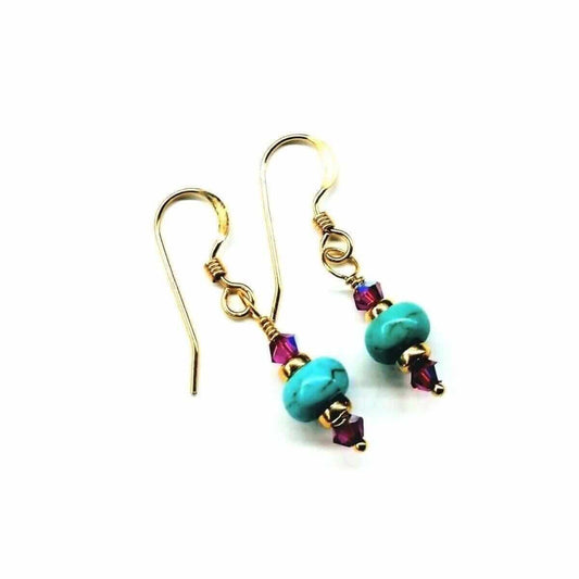 Hot Pink and Turquoise Gemstone14 K Gold Filled Earrings
