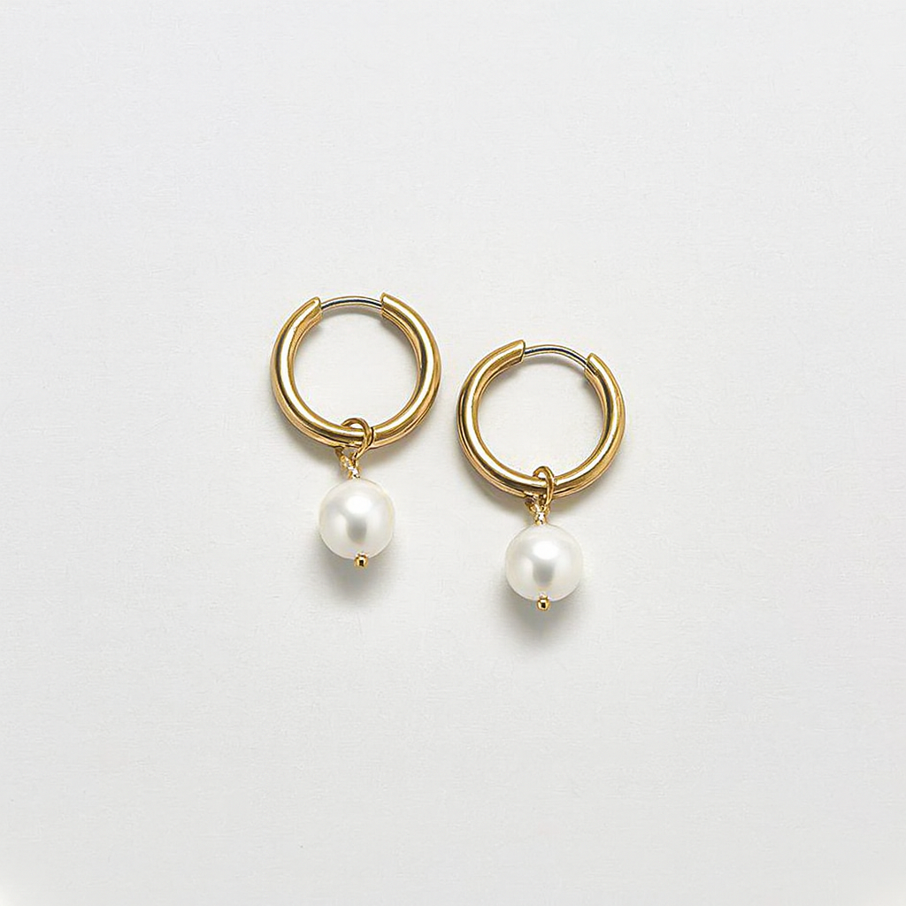 Gold Huggie Hoops with Freshwater Pearls – Handcrafted Bronze Hoops, Sterling Earwires, 14mm