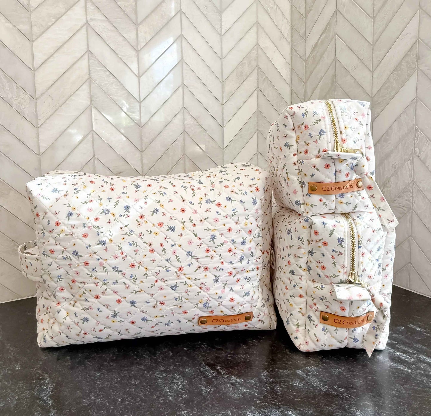 Handmade Boxy Makeup Bags in Wildflower Meadow Pattern - Stylish Toiletry Bags