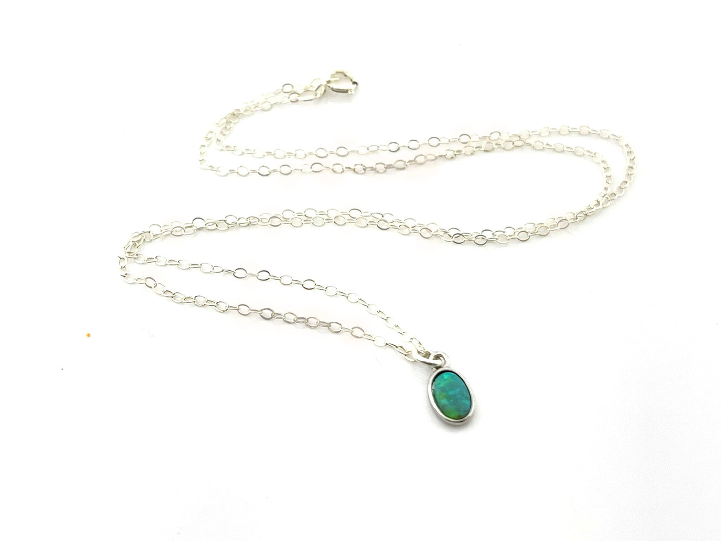 Tiny Opal Necklace – Dainty 16" Sterling Silver Chain with Oval Charm