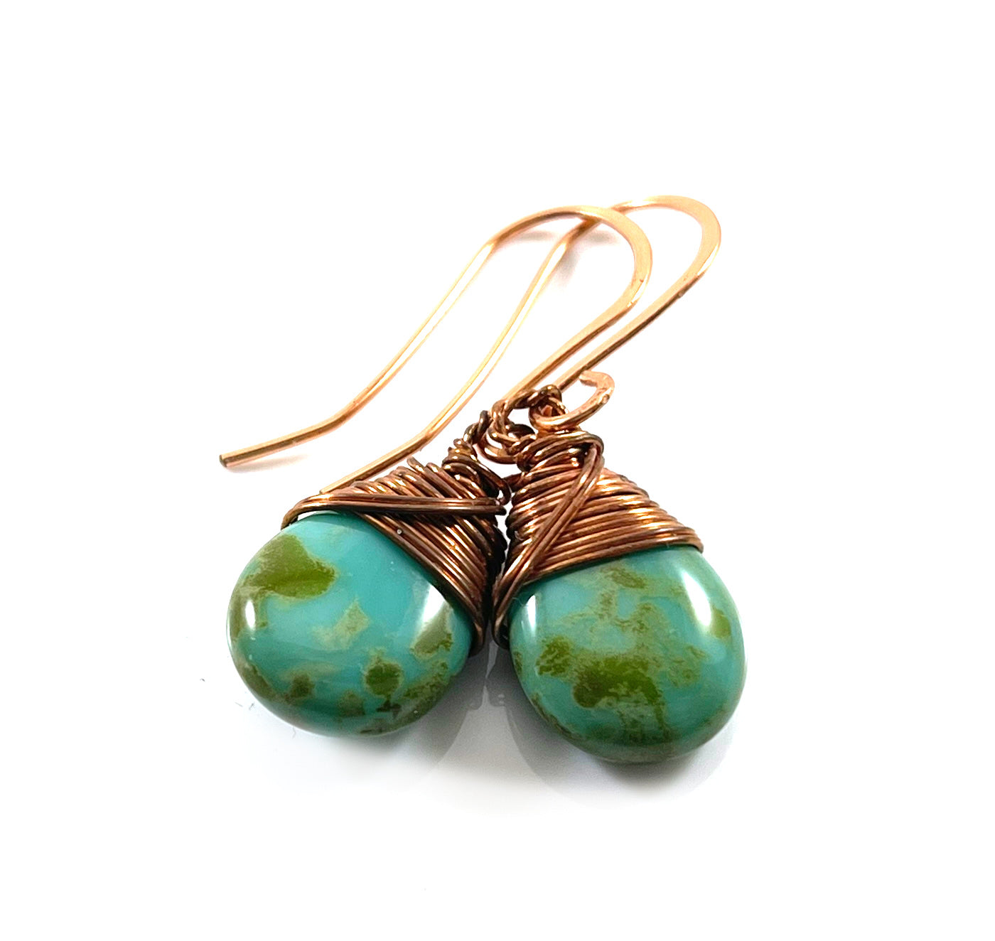 Handmade Copper Wire Wrapped Turquoise Earrings – 1.5" Czech Glass Briolettes