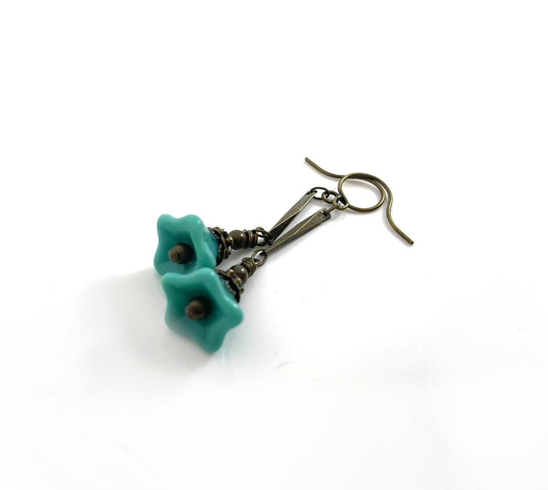 Czech Glass Turquoise Flower Earrings – Brass