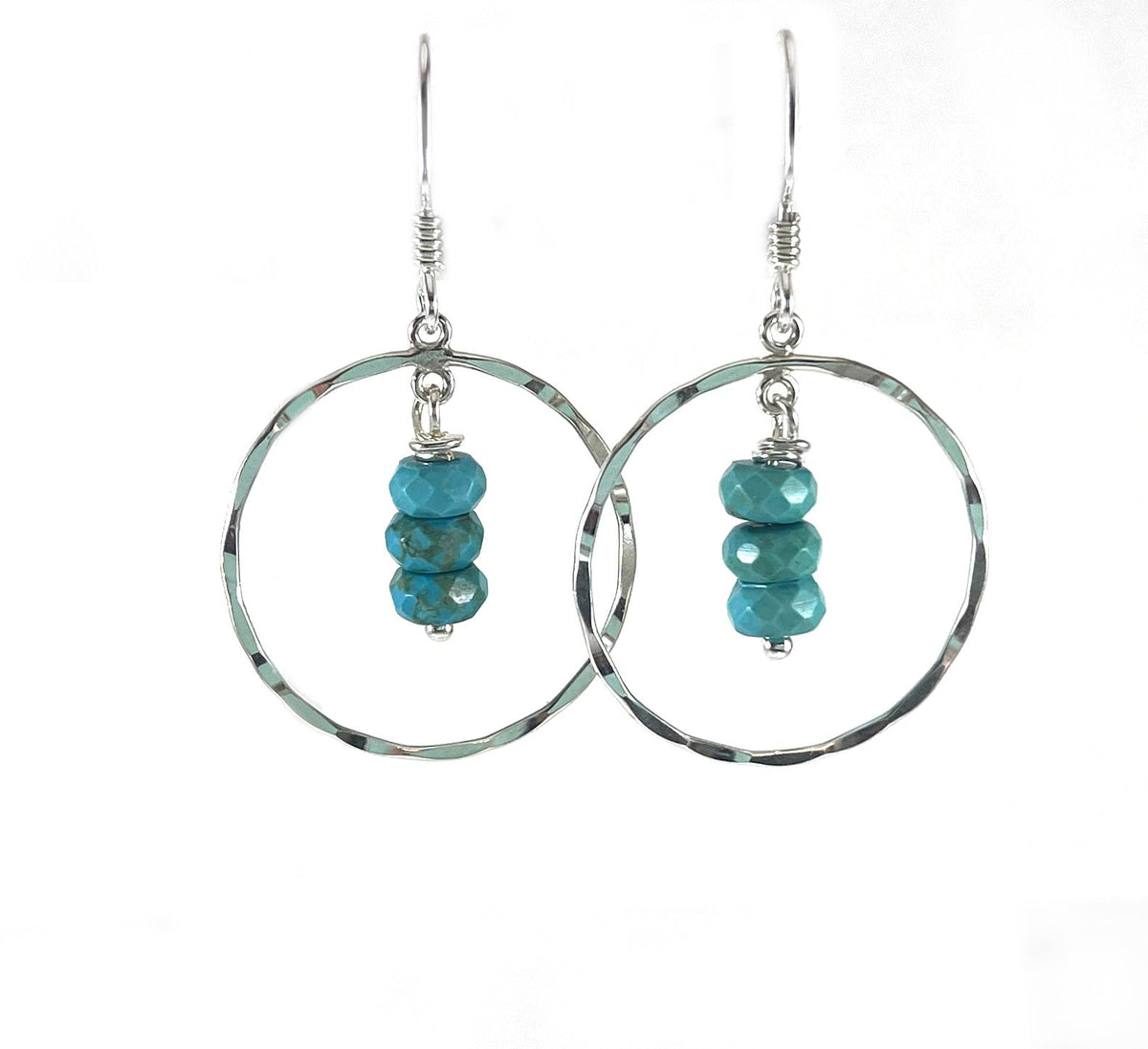 Hammered Circle Earrings with Turquoise - Sterling Silver