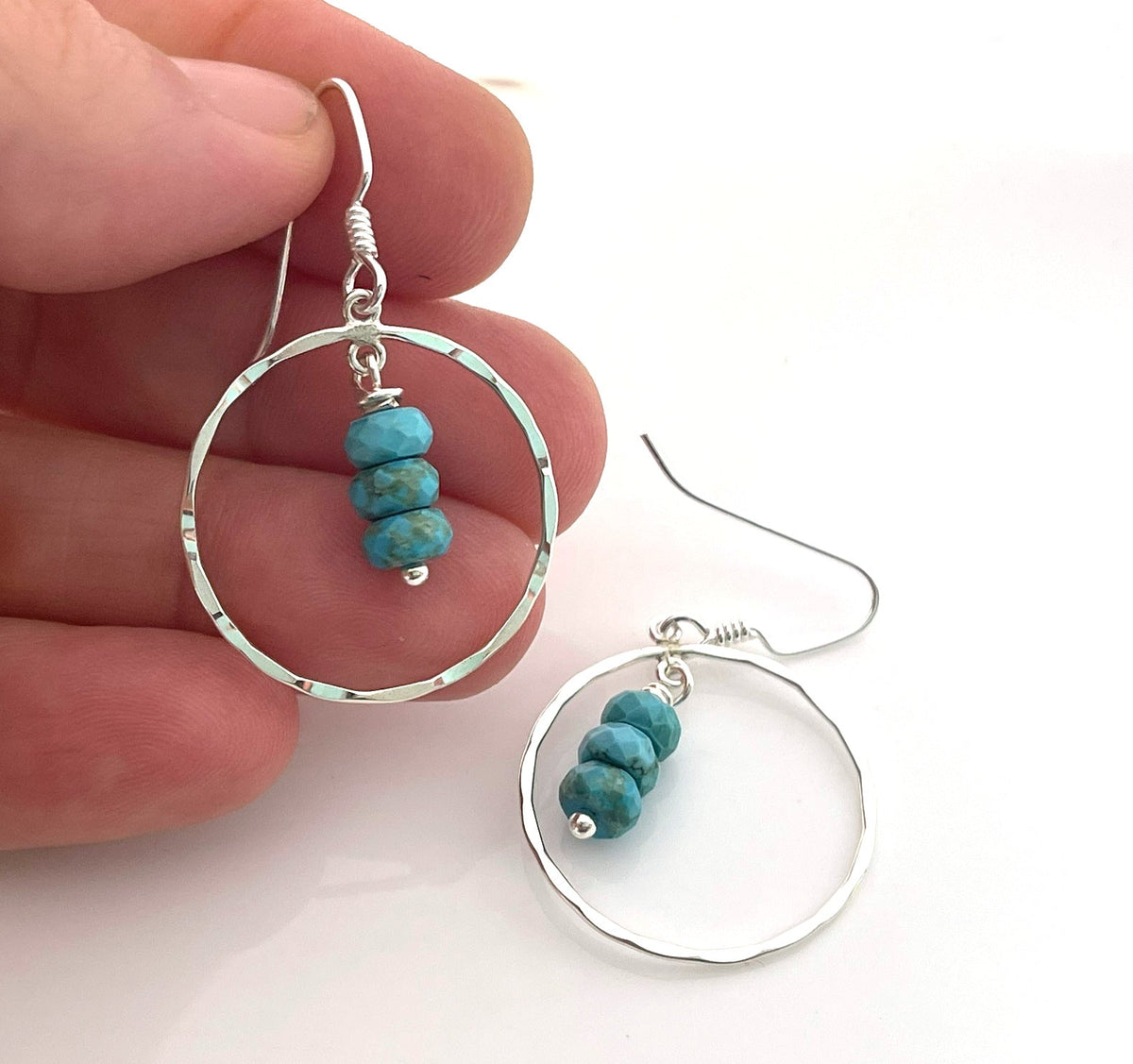 Hammered Circle Earrings with Turquoise - Sterling Silver