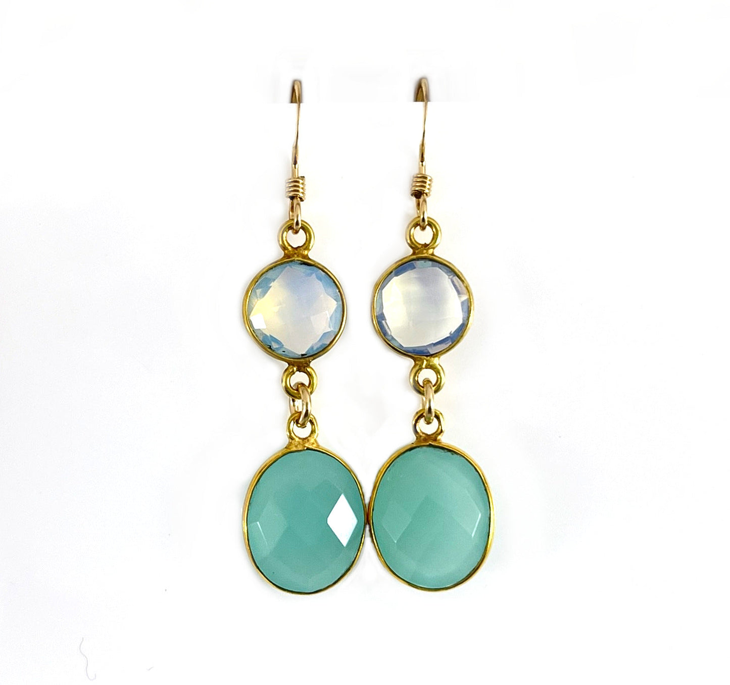 Opalite & Aqua Chalcedony Drop Earrings – 14k Gold Filled, 1.5”