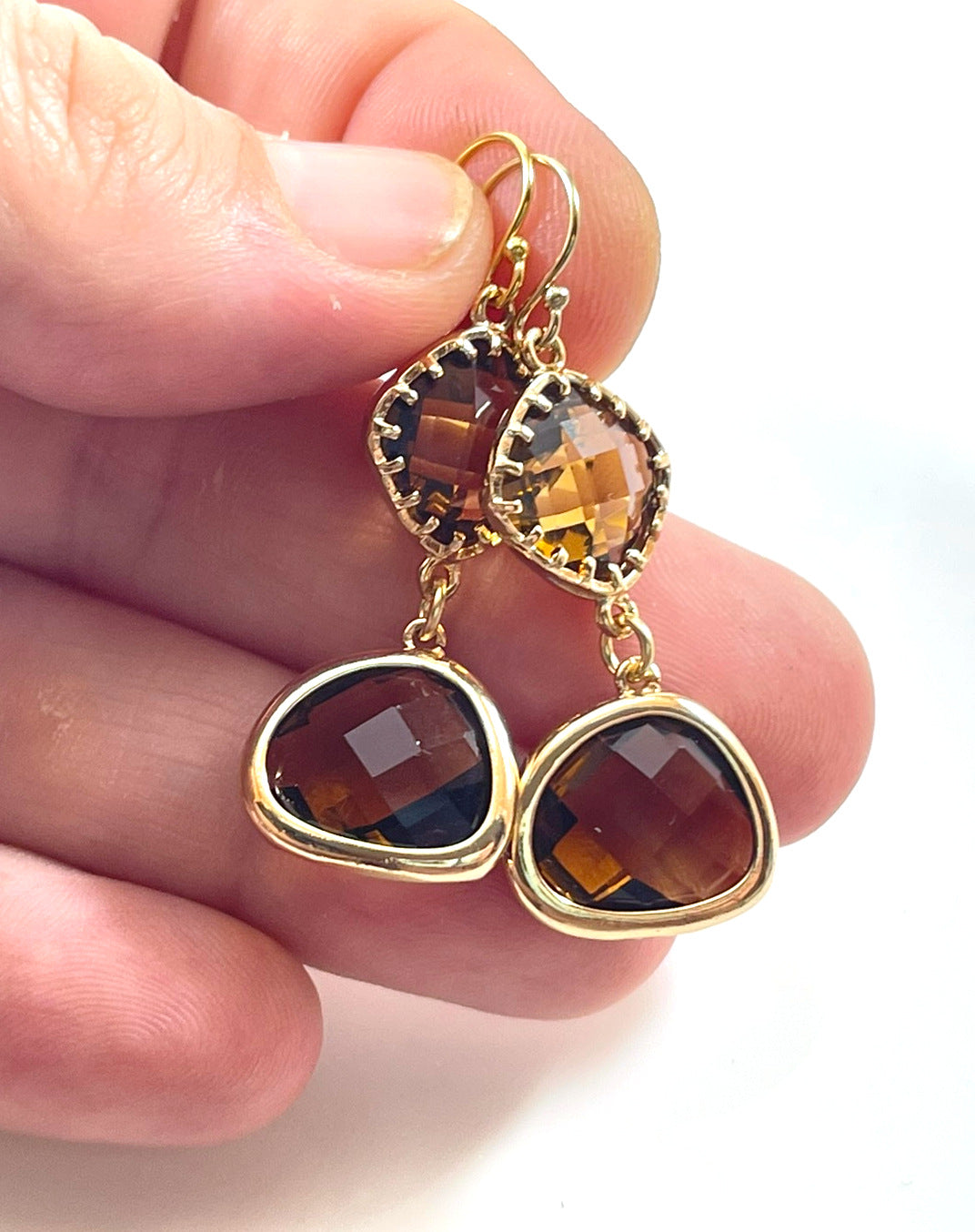 Faceted Topaz Glass Drop Earrings – 14k Gold Filled, 1.5” Vintage-Inspired Dangles