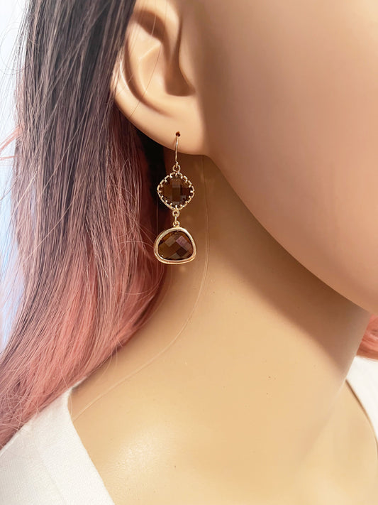 Faceted Topaz Glass Drop Earrings – 14k Gold Filled, 1.5” Vintage-Inspired Dangles