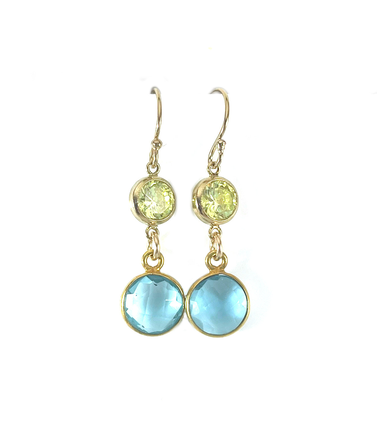 Aqua Hydro Quartz & Peridot Crystal Drop Earrings – 14k Gold Filled, Dainty 1.25”