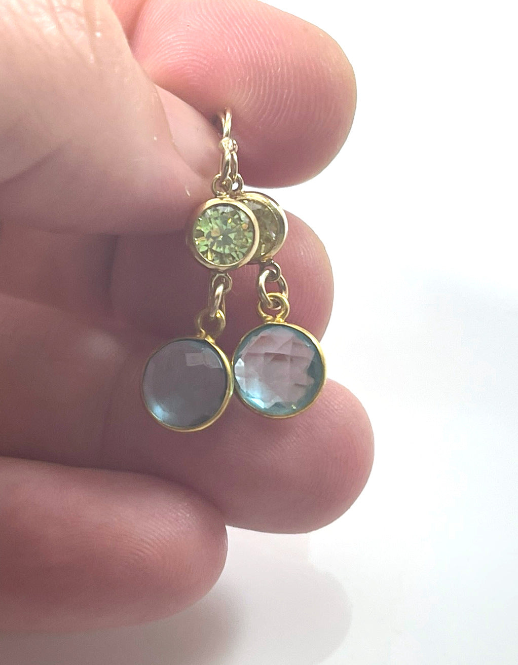 Aqua Hydro Quartz & Peridot Crystal Drop Earrings – 14k Gold Filled, Dainty 1.25”
