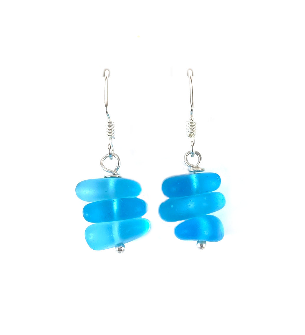 Aqua Blue Sea Glass Trio Stack Earrings – Sterling Silver