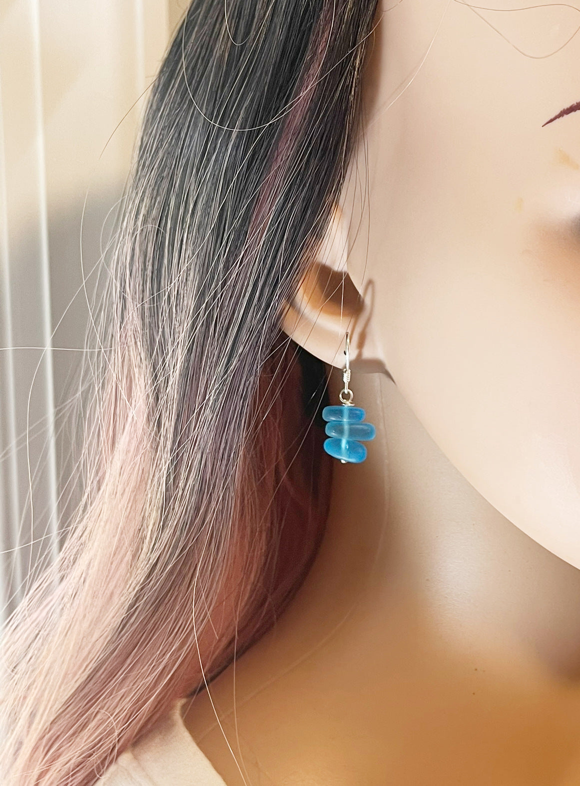 Aqua Blue Sea Glass Trio Stack Earrings – Sterling Silver, 1.25”