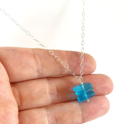 Aqua Sea Glass Trio Stack Necklace – Sterling Silver, 18”