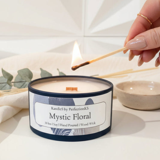 Mystic Floral Luxury Candle | 8oz Non-Toxic Soy Candle with Wooden Wick | Clean Burn