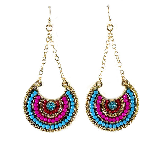 Boho Bright Beaded Half-Moon Earrings – Gold Filled Chain & Ear Wires