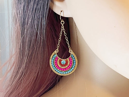 Boho Bright Beaded Half-Moon Earrings – Gold Filled Chain & Ear Wires