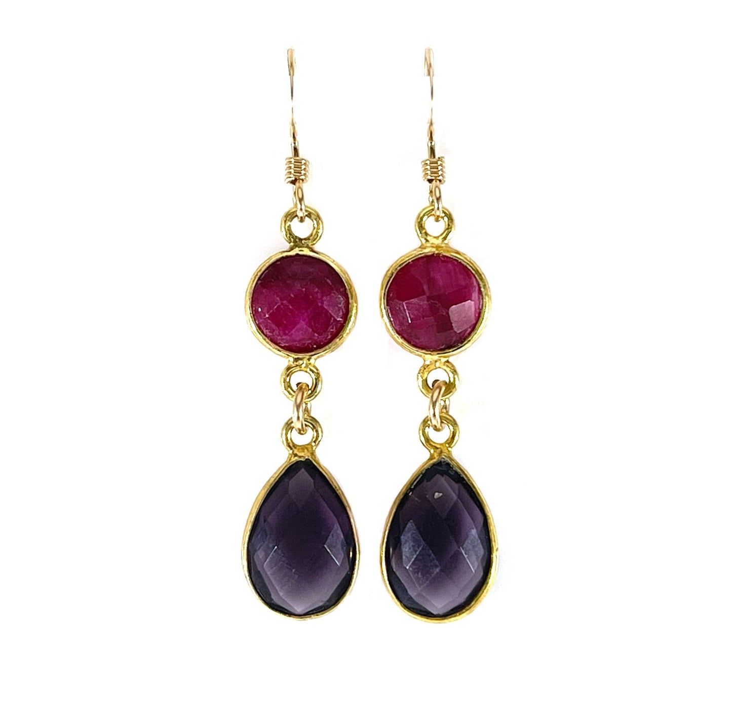 Dyed Ruby & Amethyst Gemstone Drop Earrings – 14k Gold Filled Bezels – Handmade in Raleigh NC – 1.5" Gift-Boxed Jewelry