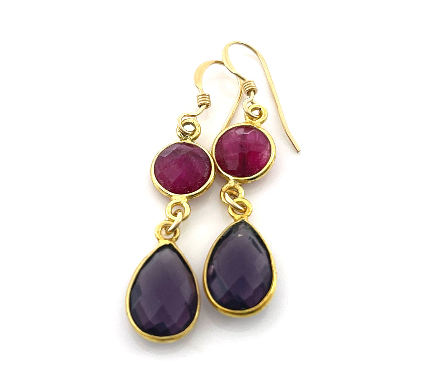 Dyed Ruby & Amethyst Gemstone Drop Earrings – 14k Gold Filled Bezels – Handmade in Raleigh NC – 1.5" Gift-Boxed Jewelry
