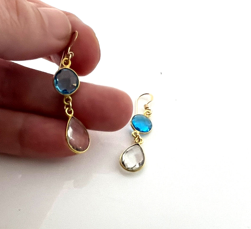 Blue & Clear Hydro Quartz Gold Filled Drop Earrings