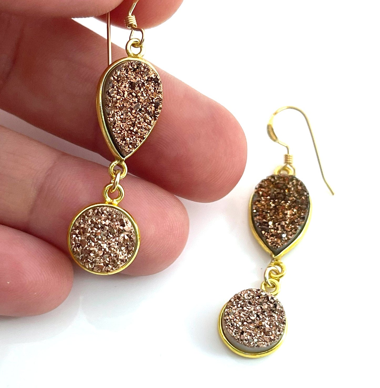 Rose Gold Druzy Drop Earrings – 14k Gold Filled Dangle Design – Handmade in Raleigh NC – 1.75" Gift-Boxed Jewelry