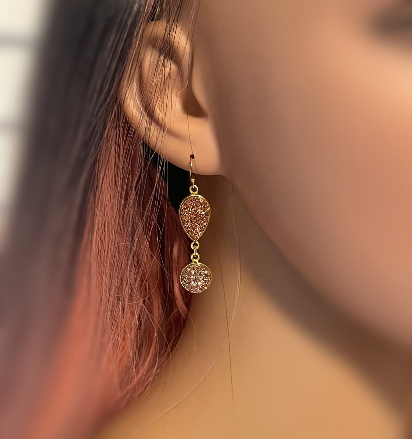 Rose Gold Druzy Drop Earrings – 14k Gold Filled Dangle Design – Handmade in Raleigh NC – 1.75" Gift-Boxed Jewelry