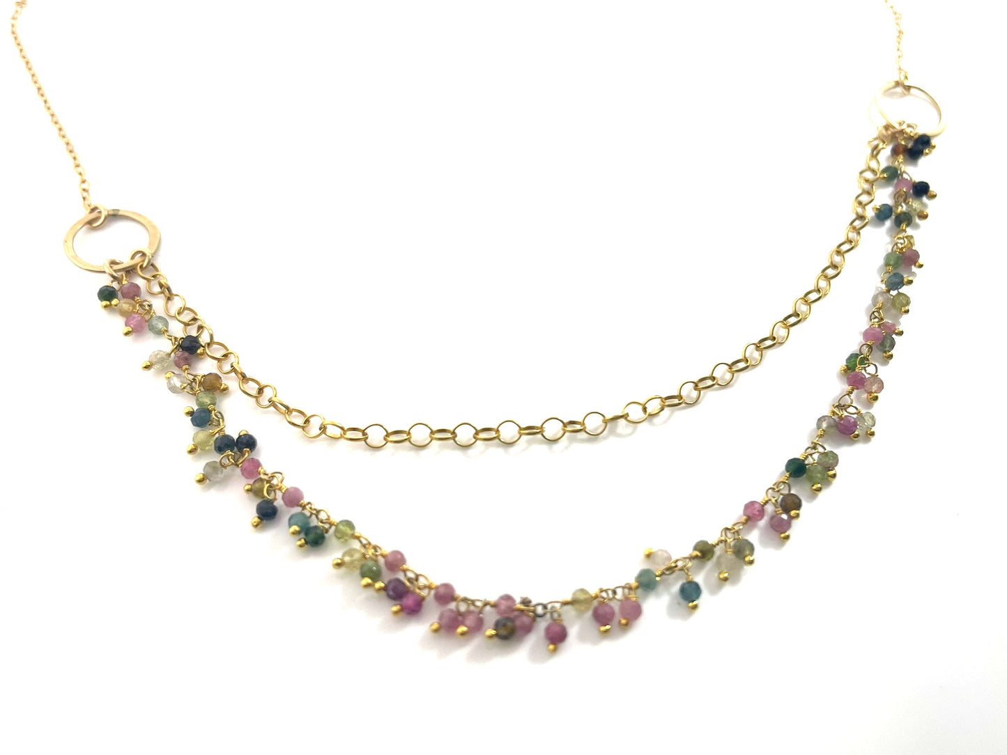 One of a Kind Tourmaline Cluster Necklace – Dual Layer Gold Filled Statement Necklace – Handmade in Raleigh