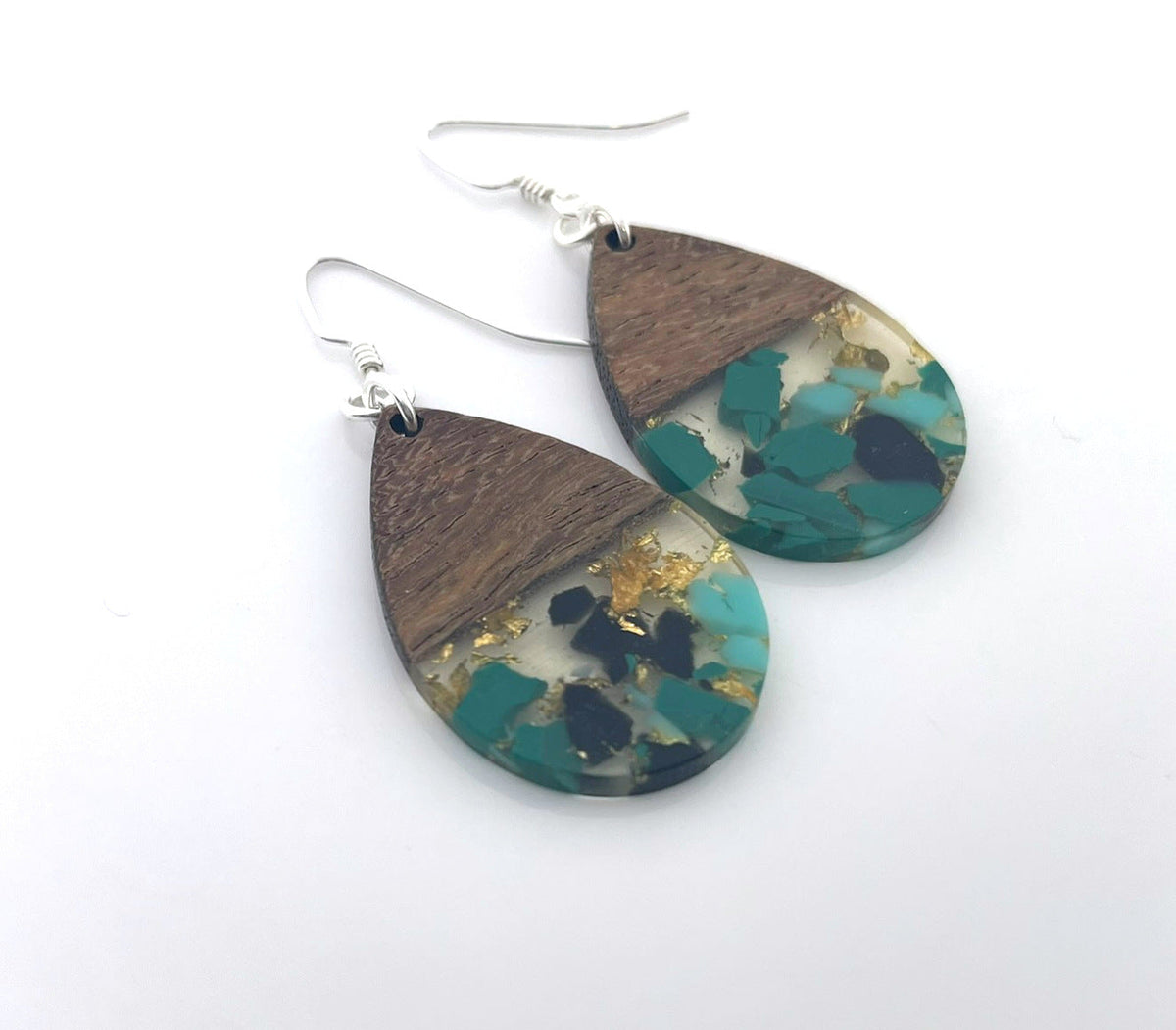 Upcycled Wood & Resin Teardrop Earrings - Sterling Silver