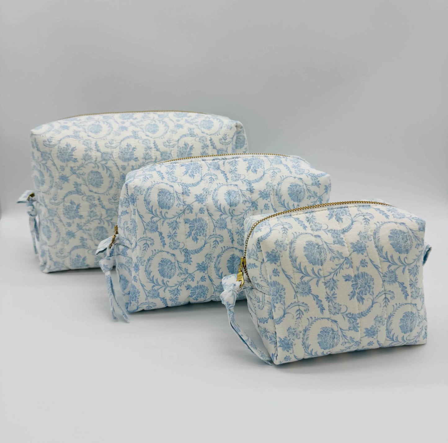 Handmade Blue Floral Makeup Bag - Unique Boxy Cosmetic Storage