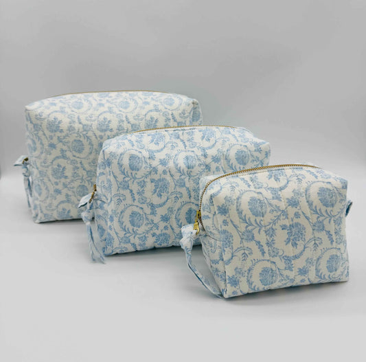Handmade Blue Floral Makeup Bag - Unique Boxy Cosmetic Storage