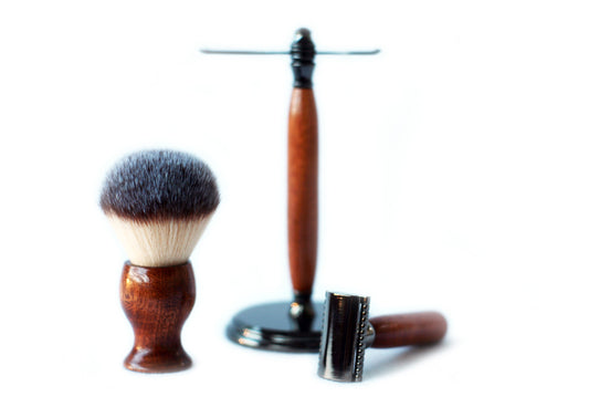 Mahogany Wood Hand Crafted Shave Set with Gunmetal Safety Razor, 26mm Lather Brush, and Matching Shave Stand