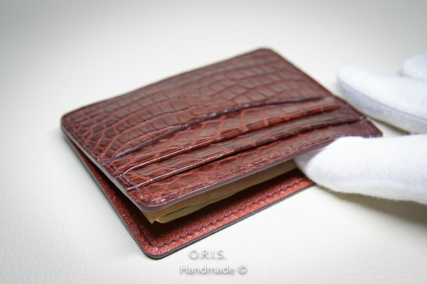 Slim Alligator Card Holder - Dark Red Matte Finish