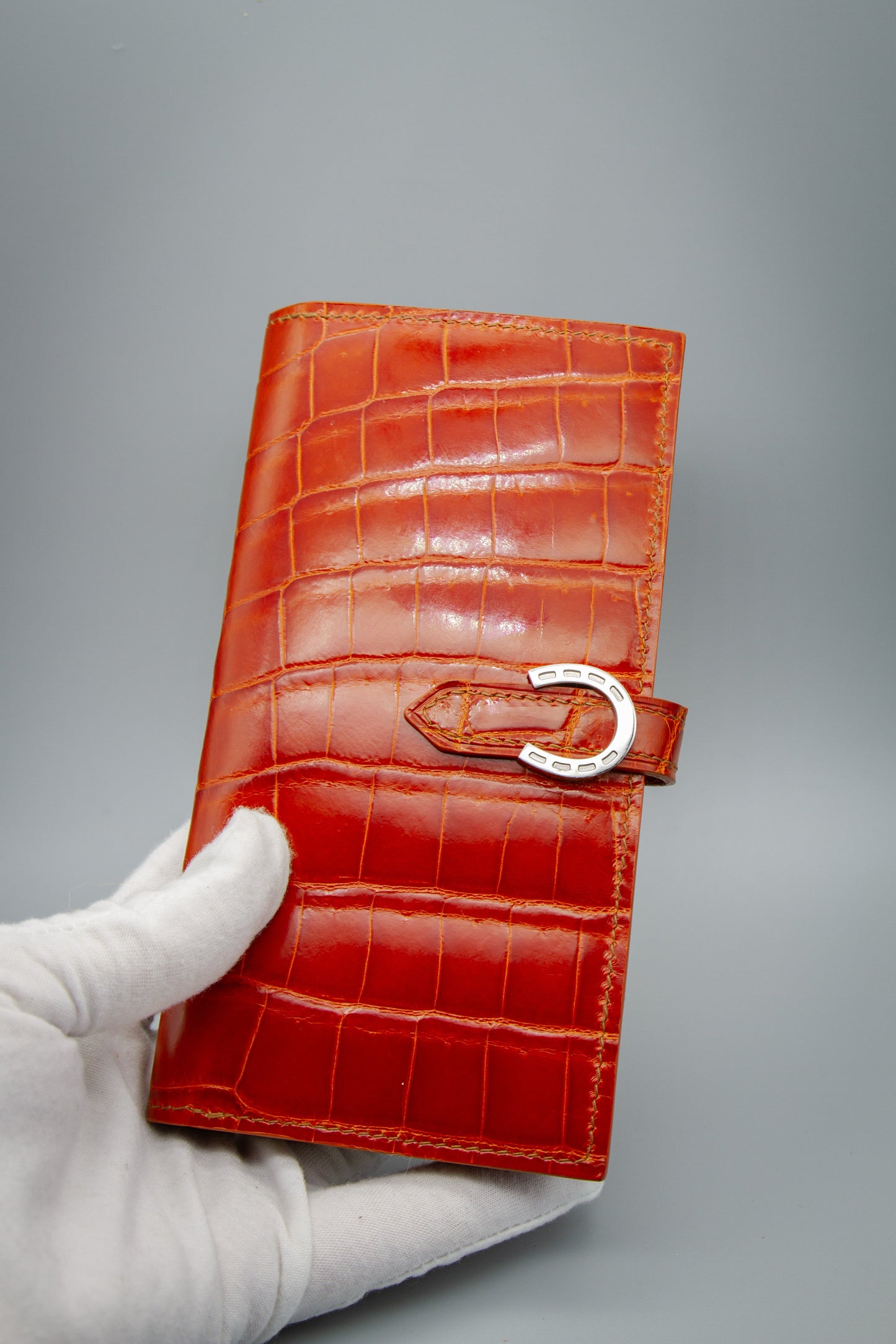 Handcrafted Orange Crocodile Leather Clutch Wallet