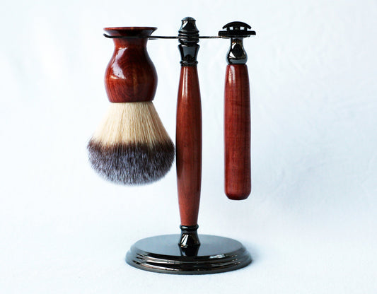 Aromatic Red Cedar Wood Hand Crafted Shave Set, safety razor, 26mm lather brush and a matching shave stand.