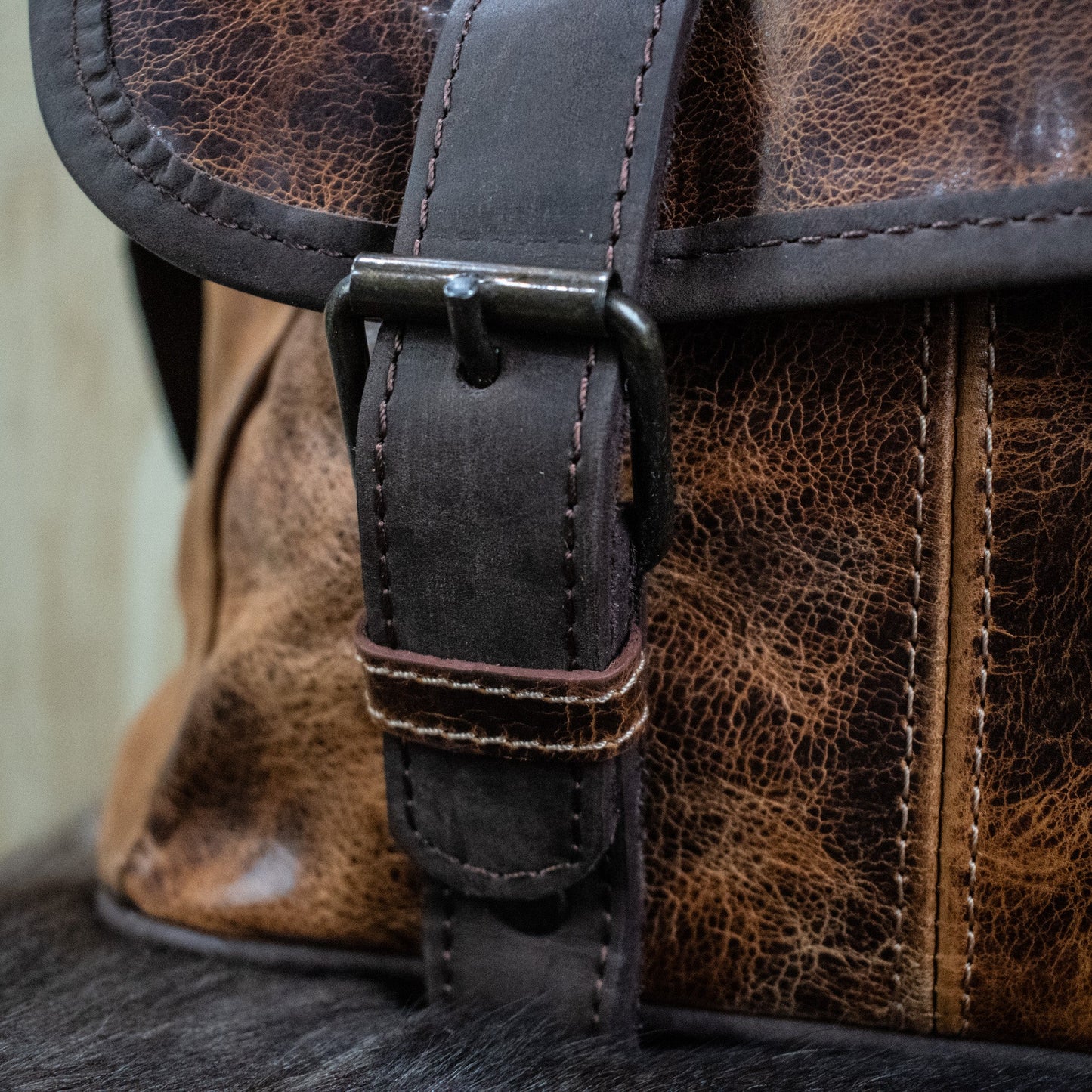Leather Hide Laptop Bag - Rustic Chestnut and Dark Brown (Buckles)