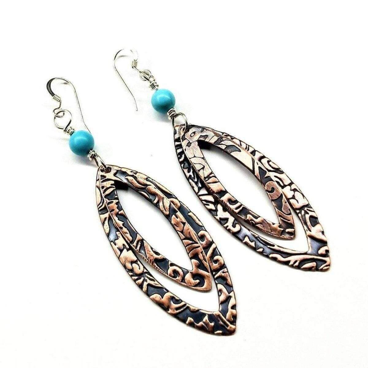 Long Handmade Copper Embossed Pointed Oval Turquoise Beaded Earrings