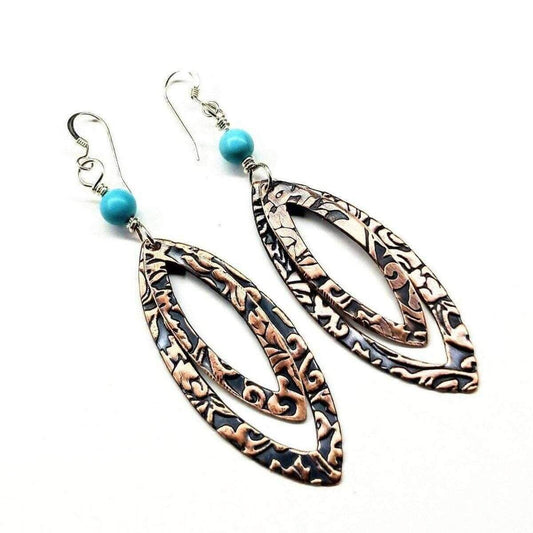 Long Handmade Copper Embossed Pointed Oval Turquoise Beaded Earrings