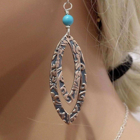 Long Handmade Copper Embossed Pointed Oval Turquoise Beaded Earrings
