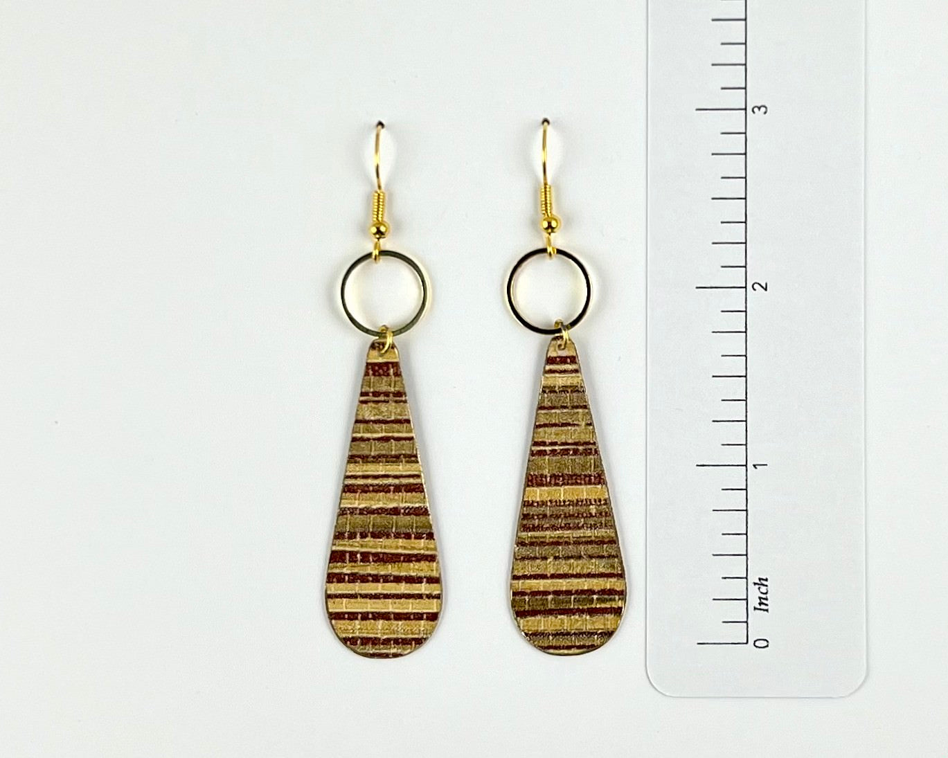 Long Teardrop Earrings - Red and Gold Faux Grasscloth with Gold Circles