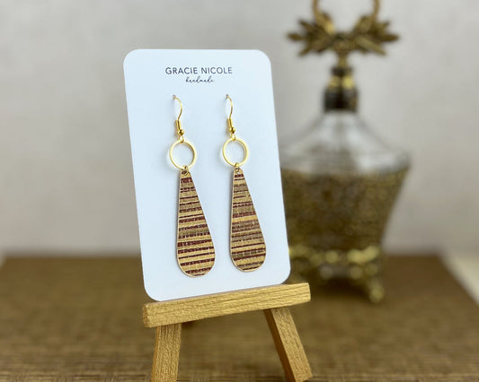 Long Teardrop Earrings - Red and Gold Faux Grasscloth with Gold Circles