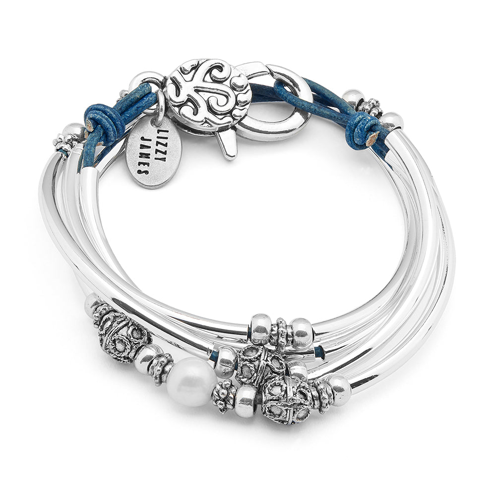Holly Silver & Blue Leather Wrap Bracelet – Freshwater Pearl Focal