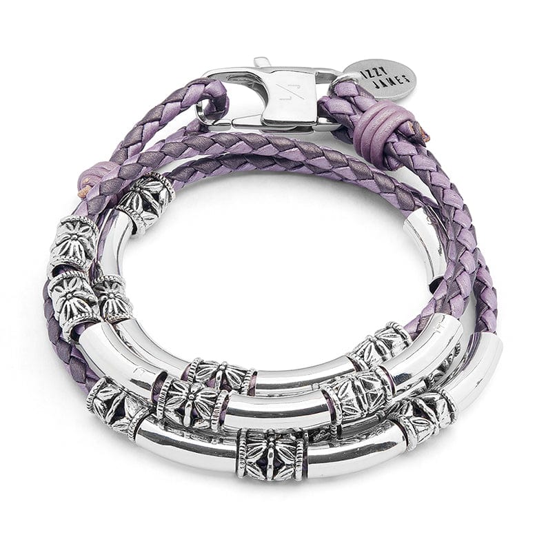 Woman's Maxi Braided Blue Leather Wrap Bracelet with Etched Silver Crescents | 8 Colors